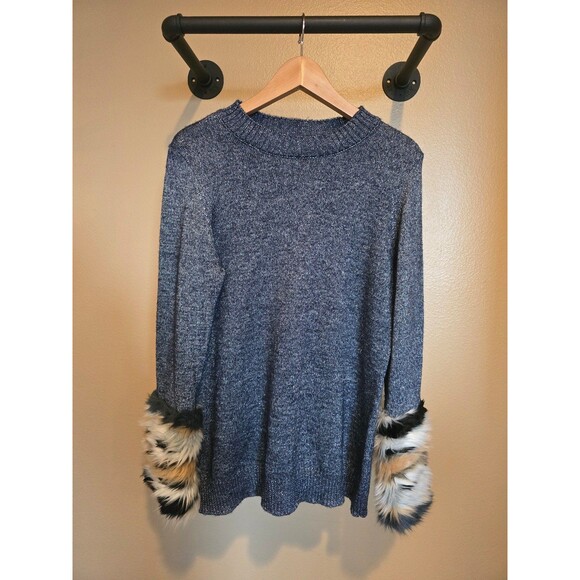 Boston Proper faux fur cuffed sweater in shiny blue size medium - Picture 1 of 8